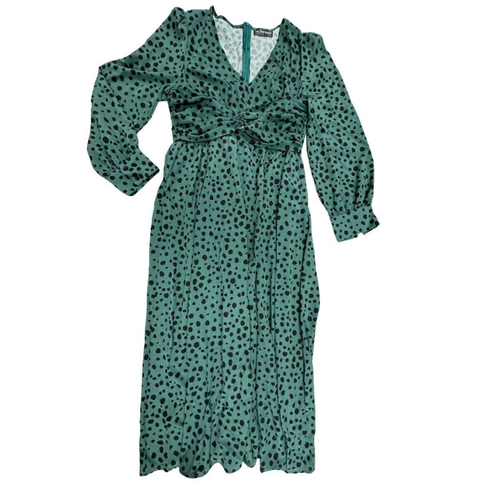 De Sepreso Womens V Neck Long Sleeves Polka Dot Green Maxi Dress Size L